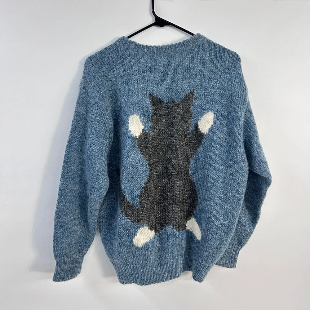Vintage Wool Blend Tuxedo Cat Sweater Fuzzy Blue Novelty Kitsch Grandmacore